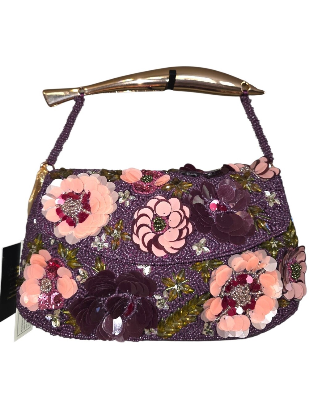 NEW Floral Plum Beaded Bag Metal Top Handle Clutch Sequin Flower Crossbody Fall